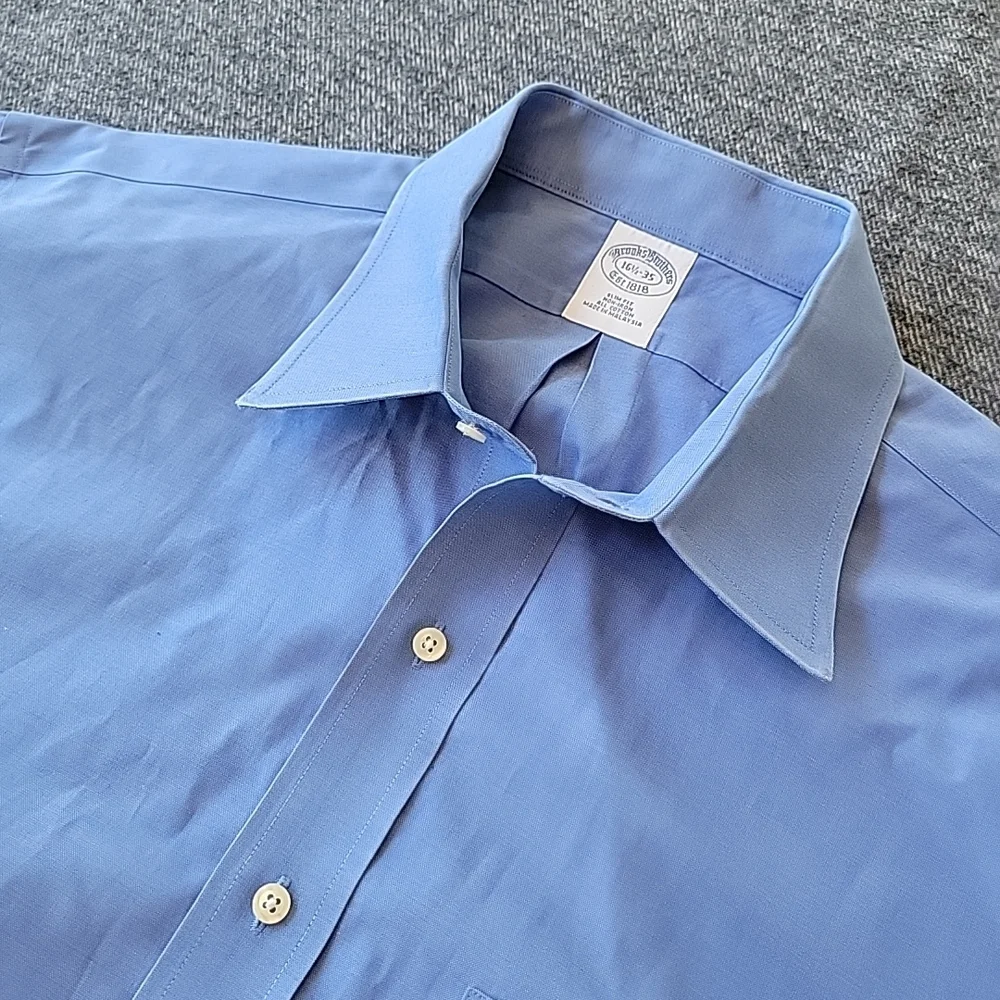 Brooks Brothers Dress Shirt Men's 16.5 35 Slim Fit Blue Button Up Non Iron